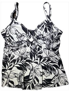 Swimsuits for All Tankini Swim Top Black White Tropical Floral Twist Size 16